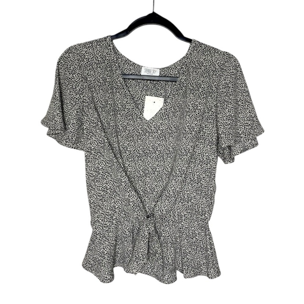 Sienna Sky Tie Front Peplum Blouse Small Black White Dot Flutter Sleeve NWT